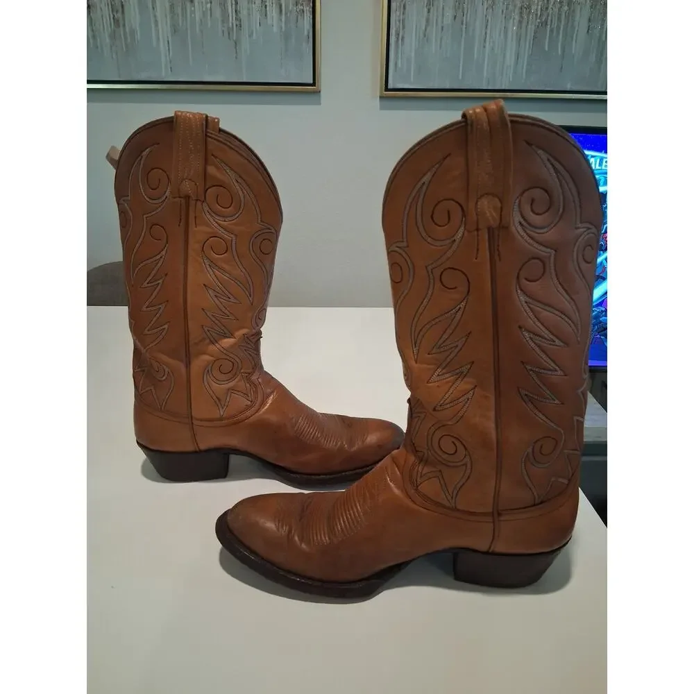 Vintage Dan Post 6865 Men's Brown Leather Cowboy Boots Size 8 D Western Stitch